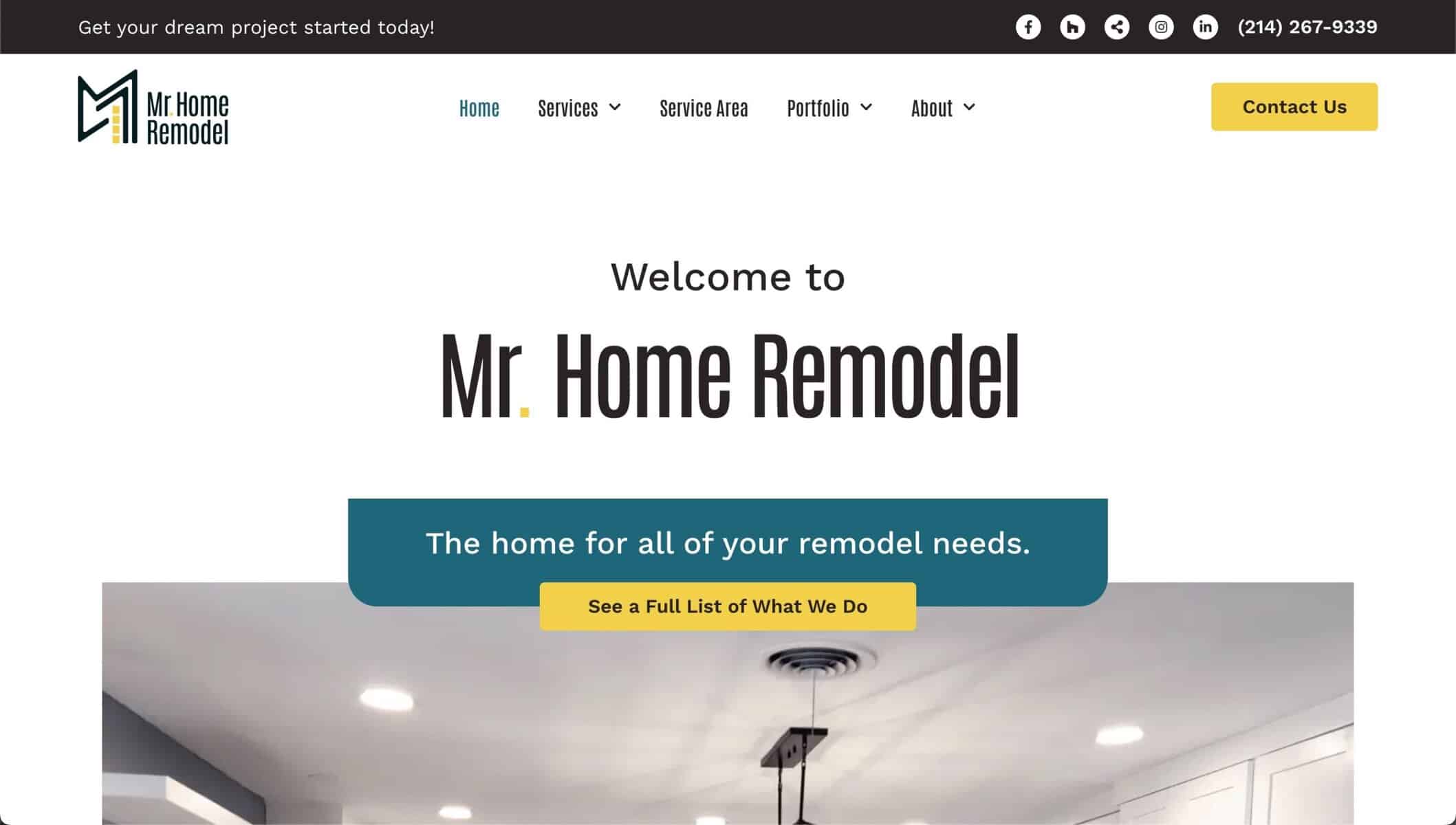 Screenshot of the Mr. Home Remodel website homepage, featuring the company logo, navigation menu, contact button, and a banner that reads "Welcome to Mr. Home Remodel"—the perfect starting point for your next home remodel project. - Clio Websites | Top Canadian Web Design Company