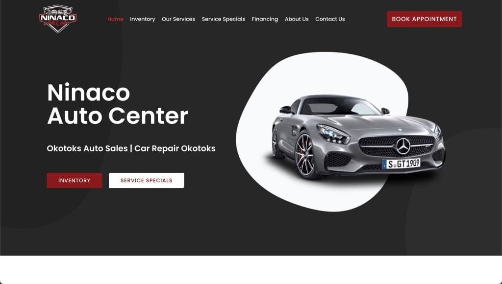 Website homepage for Ninaco Auto Center, a WordPress car dealership, featuring a gray Mercedes-Benz sports car, navigation menu, and buttons for inventory, service specials, and booking appointments on a dark background. - Clio Websites | Top Canadian Web Design Company