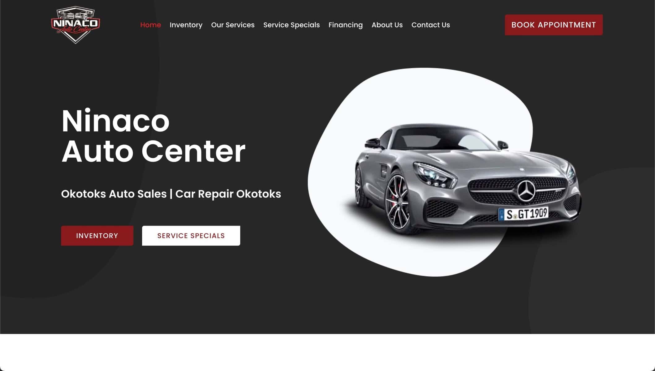Website homepage for Ninaco Auto Center, a WordPress car dealership, featuring a gray Mercedes-Benz sports car, navigation menu, and buttons for inventory, service specials, and booking appointments on a dark background. - Clio Websites | Top Canadian Web Design Company