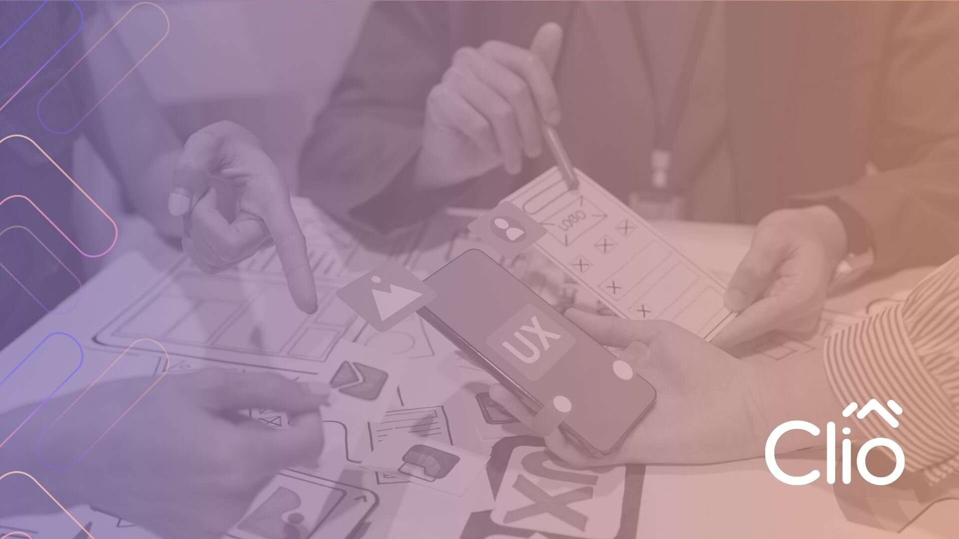 Three people collaborate on a project, pointing at printed layouts and holding paper cutouts labeled “UX,” illustrating website design for a better user experience. The Clio logo appears in the bottom right, overlaid with a purple gradient. - Clio Websites | Top Canadian Web Design Company