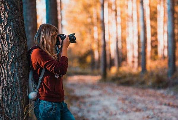 A person with long hair, wearing a red sweater and backpack, leans against a tree taking a photo in a sunlit autumn forest—drawing inspiration for their next DIY web design project. - Clio Websites | Top Canadian Web Design Company