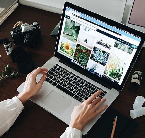 A person using a laptop at a desk, browsing a gallery of nature photos—nearby are a camera, plant leaves, and film canisters, creating an inspiring workspace for photography or web design for small businesses. - Clio Websites | Top Canadian Web Design Company