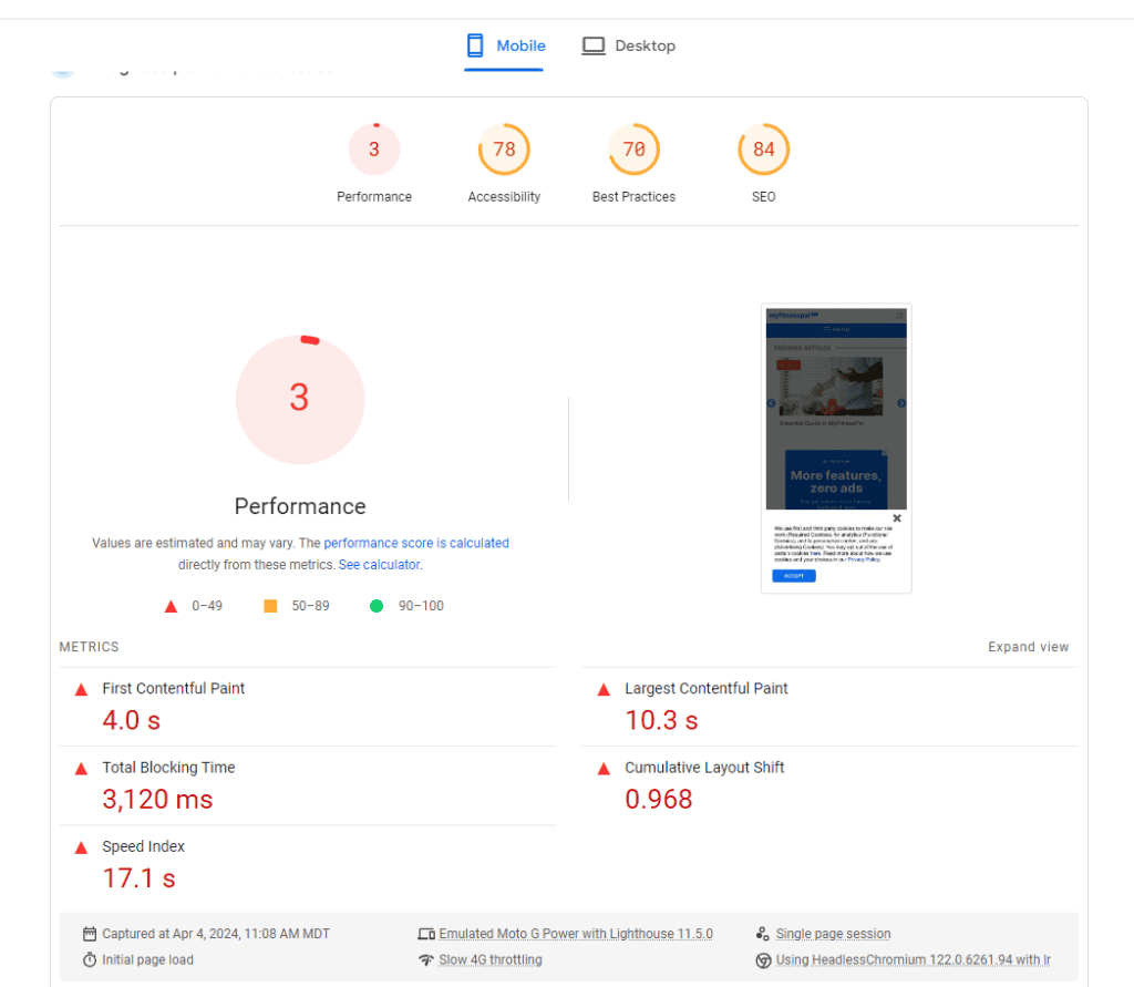 Google PageSpeed Insights mobile report shows a performance score of 3, accessibility 78, best practices 78, and SEO 84—highlighting the need for a redesign to boost metrics like the 4.0s first contentful paint and 17.1s speed index. - Clio Websites | Top Canadian Web Design Company