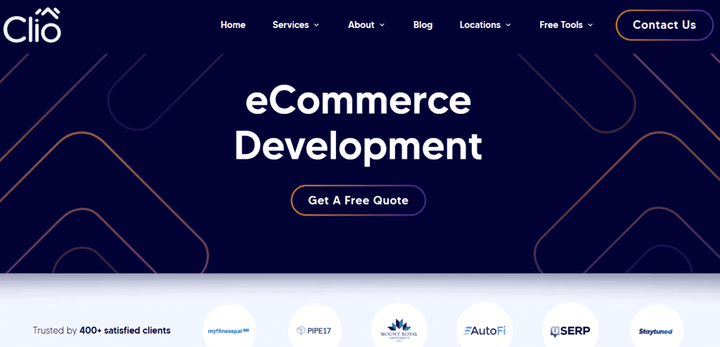 A website homepage with a dark-themed banner showcasing "eCommerce Development," a "Get A Free Quote" button, and navigation bar—demonstrating expertise in e-commerce web design, trusted by the best e-commerce companies, with client logos featured at the bottom. - Clio Websites | Top Canadian Web Design Company