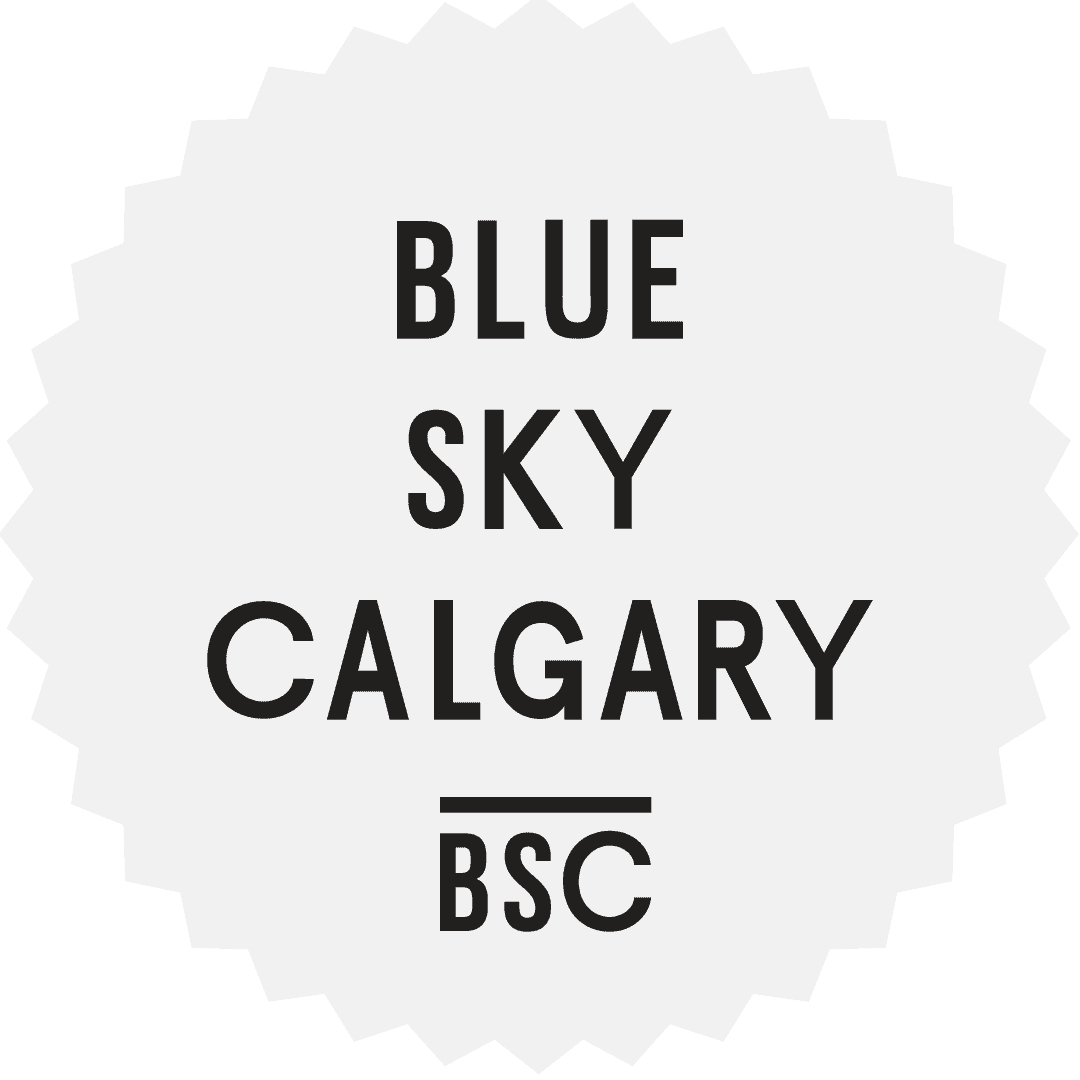 Black text reading "BLUE SKY CALGARY" with a horizontal line under "CALGARY" appears above "BSC," all within a jagged-edged circular white shape on a light background, offering a clean look ideal for about Clio websites. - Clio Websites | Top Canadian Web Design Company
