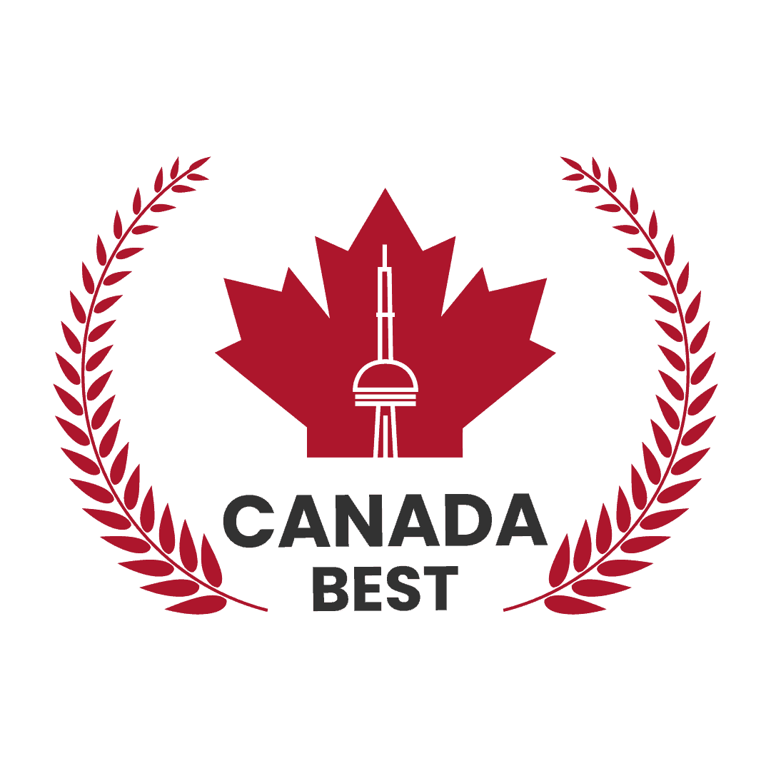 A vibrant red image showcases a stylized maple leaf with the CN Tower inside, surrounded by laurel branches. Below, "Canada Best" is boldly printed in black. Perfect for Clio websites celebrating Canadian excellence. - Clio Websites | Top Canadian Web Design Company