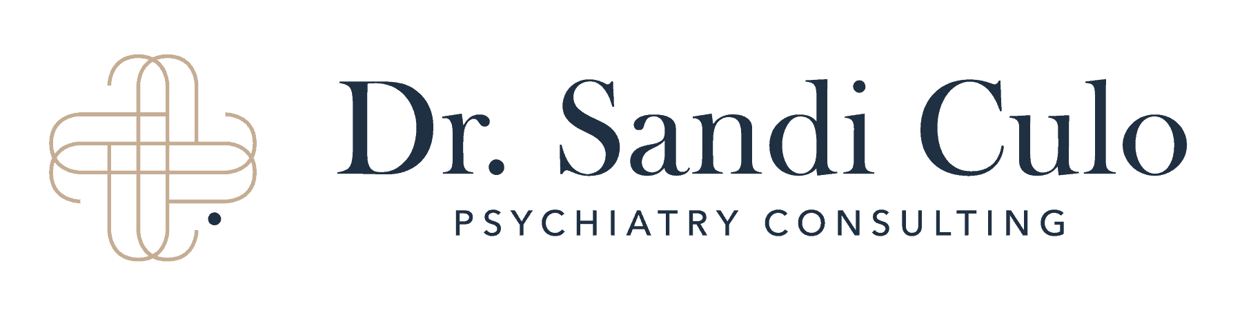 Logo for Dr. Sandi Culo Psychiatry Consulting, featuring an abstract beige symbol on the left and the name in dark blue text. Perfectly suited for a website design, the phrase "Psychiatry Consulting" is elegantly placed below the name. - Clio Websites | Top Canadian Web Design Company