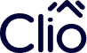 A dark blue background features the white text "Clio" in lowercase letters. The dot over the "i" is creatively stylized as a small house with a pointed roof, symbolizing about Clio's innovative approach to websites. - Clio Websites | Top Canadian Web Design Company