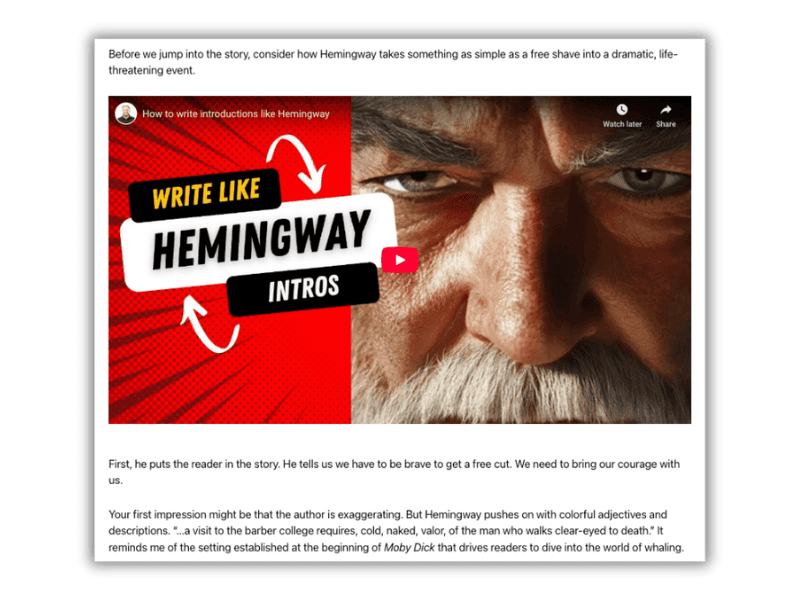 A video thumbnail with a close-up of an older man's face and bold text reading "WRITE LIKE HEMINGWAY INTROS" over a red background featuring visual assets like arrows and a YouTube play button in the corner. - Clio Websites | Top Canadian Web Design Company