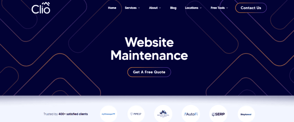 A website homepage for Clio featuring "Website Maintenance" in large text, a "Get A Free Quote" button, navigation links, and client logos at the bottom on a dark geometric background—ideal for e-commerce web design and top e-commerce companies. - Clio Websites | Top Canadian Web Design Company