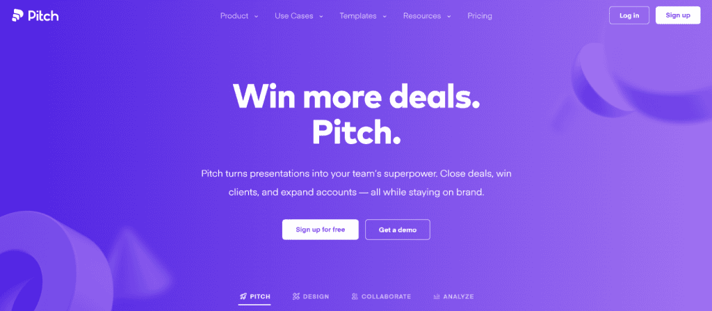 Explore our inspirational SaaS website, featuring a purple gradient backdrop. The homepage invites you to "Win more deals. Pitch." Easily navigate through Product, Use Cases, and more. Start with "Sign up for free" or "Get a demo". Logos for Pitch, Design, Collaborate, and Analyze anchor the page. - Clio Websites | Top Canadian Web Design Company