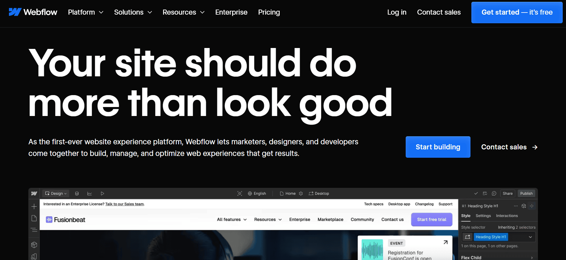 Webpage screenshot of Webflow's homepage featuring the headline "Your site should do more than look good," showcasing website design, navigation links, and buttons for "Start building" and "Get started—it's free." A website editor preview is shown below. - Clio Websites | Top Canadian Web Design Company