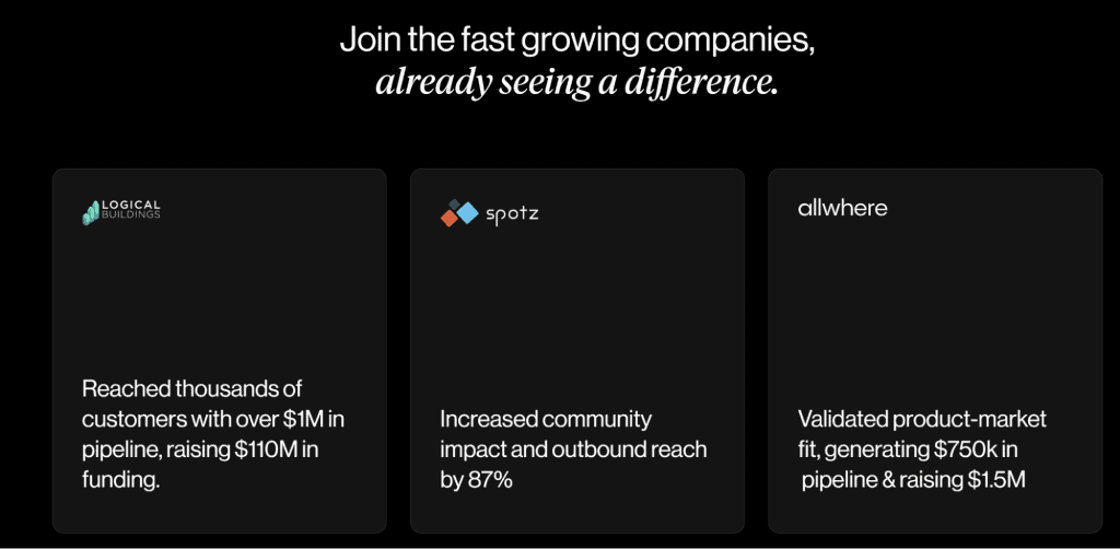 An image with a black background features three text boxes showcasing inspiring examples of business achievements: raising 0M for Logical Buildings, increasing reach by 87% for Spotz, and raising .5M for Allwhere. A header reads "Join the fast-growing companies. - Clio Websites | Top Canadian Web Design Company