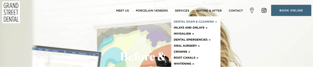 Screenshot of one of the best dental websites, showcasing a sleek design guide. The menu includes services like dental exams, Invisalign, and oral surgery. "Grand Street Dental" is prominently displayed on the left, with contact options and a convenient "Book Online" button on the right. - Clio Websites | Top Canadian Web Design Company