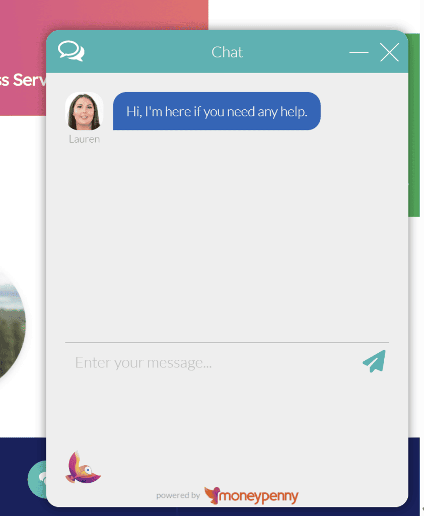 Screenshot of an online chat window on a law firm website featuring a message from Lauren: "Hi, I'm here if you need any help." Below is a text input area with a paper airplane icon. Powered by Moneypenny logo is at the bottom. - Clio Websites | Top Canadian Web Design Company