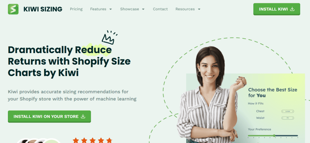 A website screenshot for Kiwi Sizing embodies SaaS inspiration, highlighting a woman with a measuring tape. It promotes innovative tools to reduce returns with Shopify size charts and machine learning-based recommendations, complete with intuitive buttons to install Kiwi on your store. - Clio Websites | Top Canadian Web Design Company