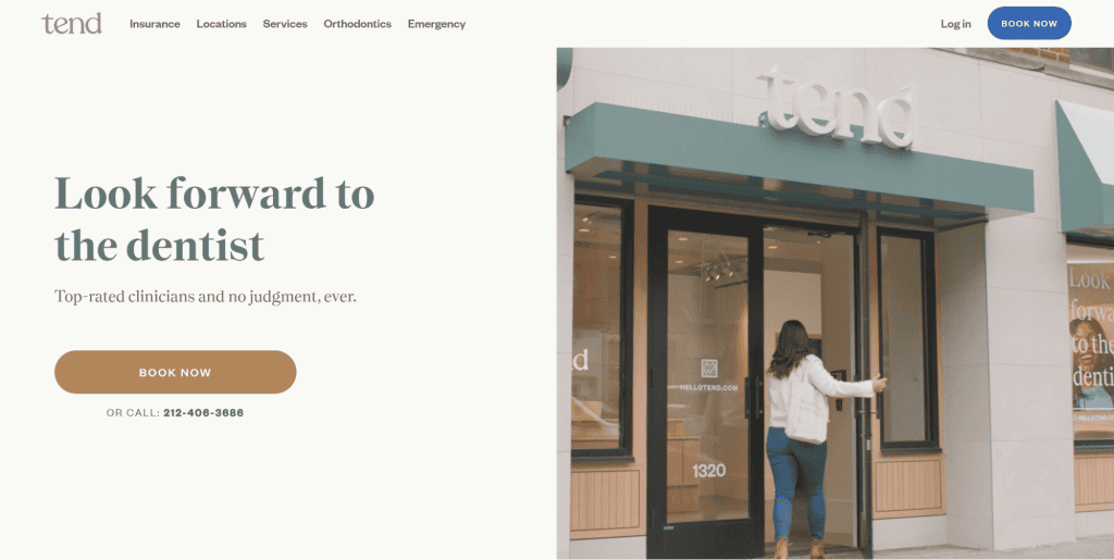 A person enters a Tend dental office, greeted by the sign "Look forward to the dentist" on the left. Known for its Dental Website Design, their site features options like booking and insurance. The entrance showcases glass doors and a subtle, modern aesthetic. - Clio Websites | Top Canadian Web Design Company