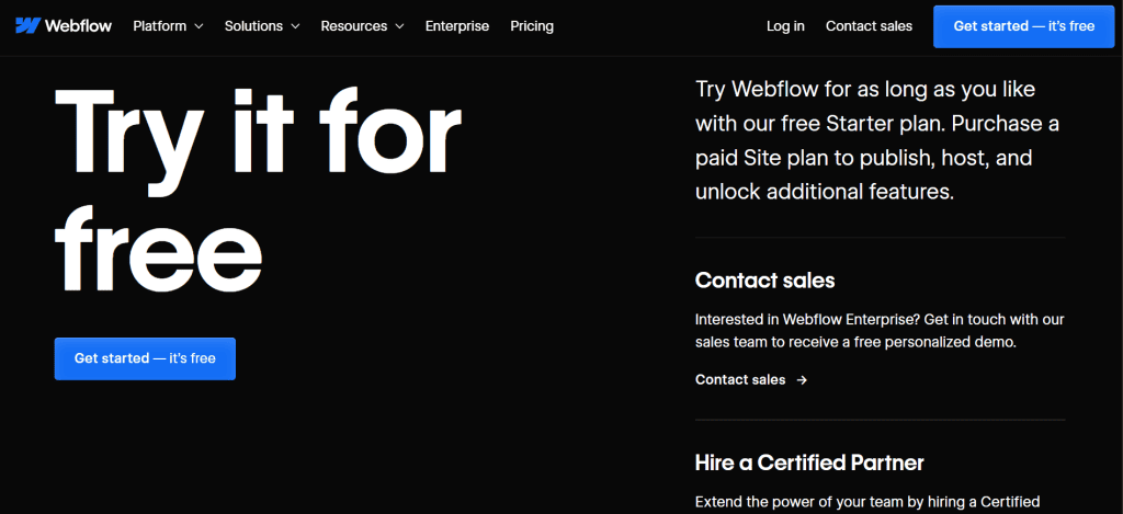 Webflow homepage with a black background, large text says “Try it for free.” A blue button reads “Get started—it’s free.” Sidebar offers contact sales info and certified partner hiring. Top menu features website navigation examples and login links. - Clio Websites | Top Canadian Web Design Company