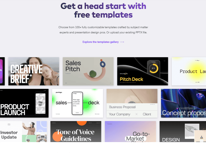 A website offering inspiration with a collection of presentation templates. The header reads, "Get a head start with free templates." Below, find examples like "Creative Brief," "Sales Pitch," and "Pitch Deck" to spark ideas for your next project, ideal for SaaS websites and beyond. - Clio Websites | Top Canadian Web Design Company