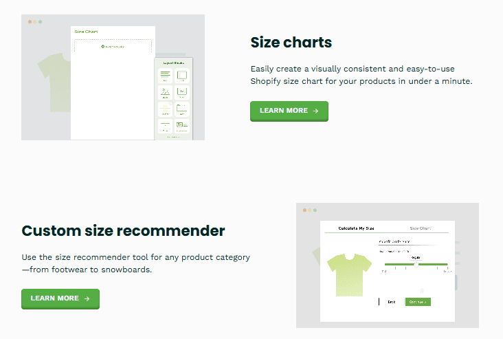 Explore our tool with two sections: "Size charts" and "Custom size recommender," inspired by the best SaaS websites. Each features preview images, a green "Learn more" button, and examples like a diagram in "Size charts" and a T-shirt graphic in "Custom size recommender. - Clio Websites | Top Canadian Web Design Company