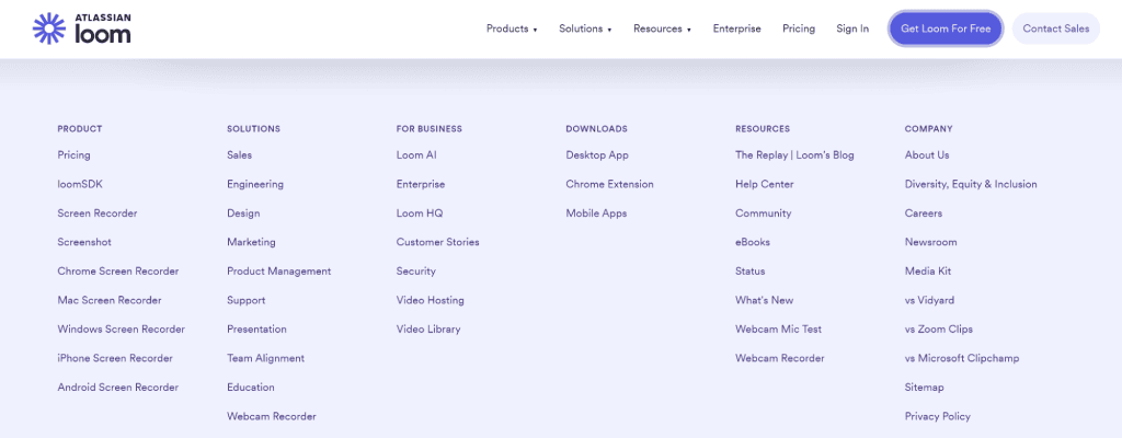 A screenshot of the Loom website footer showcases a SaaS website example with categories like Product, Solutions, For Business, Downloads, Resources, and About Us. Each section offers inspiration through links such as Pricing, Enterprise, Desktop App, and Privacy Policy. - Clio Websites | Top Canadian Web Design Company