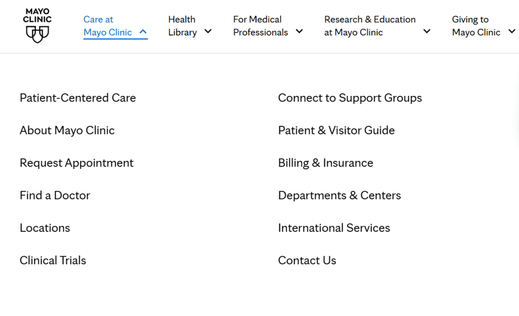 Screenshot of Mayo Clinic’s website navigation menu showcasing excellent website design with categories like Patient-Centered Care, Request Appointment, Locations, Clinical Trials, Support Groups, Billing, Departments, Services, and Contact Us. - Clio Websites | Top Canadian Web Design Company