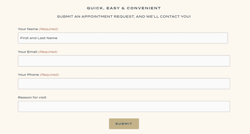 Form titled "Quick, Easy & Convenient," perfect for dental websites or design guides. Fields include Name, Email, and Phone—each labeled required—while Reason for visit is optional. A submit button awaits at the bottom. - Clio Websites | Top Canadian Web Design Company