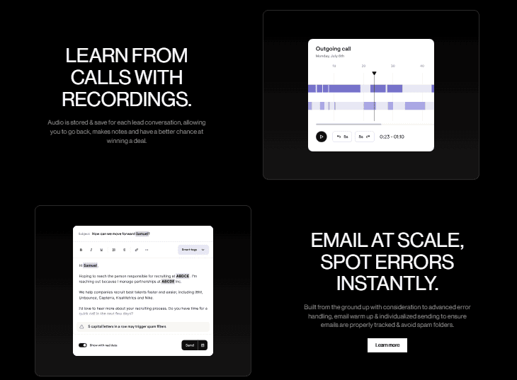 Three sections on a black background. Top left: "Learn from calls with recordings" with a diagram of a call, offering SaaS website inspiration. Bottom left: An email example with "Email at scale, spot errors instantly" text. Both sections include "Learn more" buttons for additional insights. - Clio Websites | Top Canadian Web Design Company