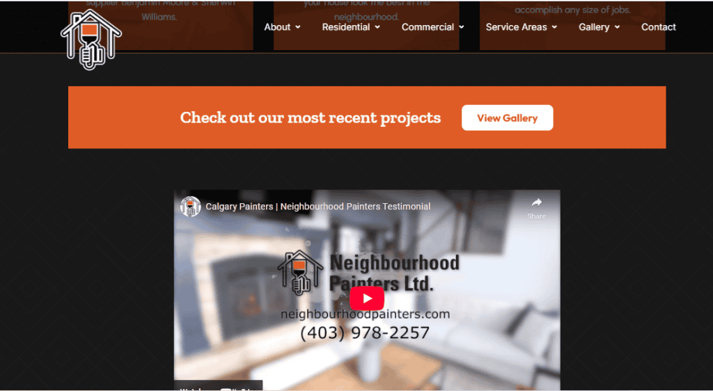 Screenshot of a website section with an orange banner reading "Check out our most recent projects" and a "View Gallery" button, showcasing effective website navigation design above an embedded YouTube testimonial for Neighbourhood Painters Ltd. - Clio Websites | Top Canadian Web Design Company