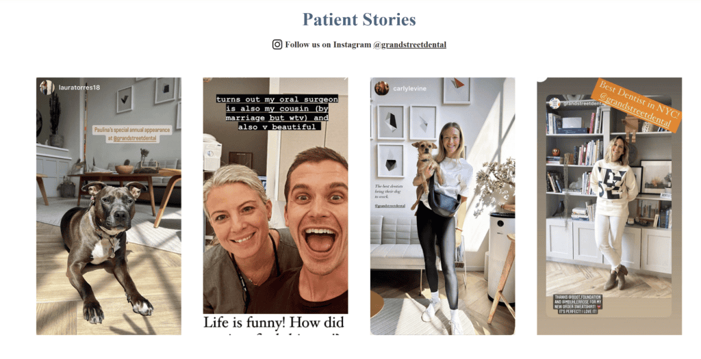 A collage of four images showcasing people and dogs in cozy, well-decorated indoor settings, each section highlighting "Patient Stories." Smiling individuals, cheerful pups, and inviting decor come together to create a scene reminiscent of the best dental websites with their warm and welcoming design. - Clio Websites | Top Canadian Web Design Company