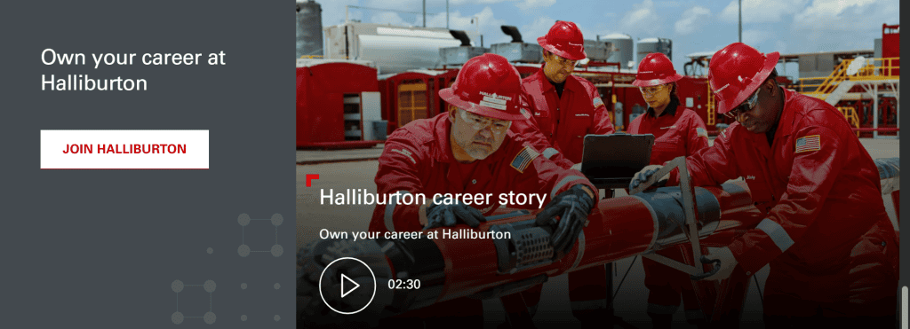 Four workers in red uniforms and hard hats examine equipment outdoors at an industrial site. The screen features "Own your career at Halliburton," a play button for a career story video, and showcases strong website navigation examples. - Clio Websites | Top Canadian Web Design Company
