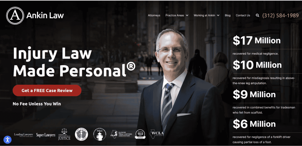 A man in a suit is smiling in a bustling cityscape, evoking the professionalism found on top-tier law firm websites. The image features "Ankin Law" with the promise "Injury Law Made Personal®," showcasing impressive legal recoveries and offering a button for a free case review. - Clio Websites | Top Canadian Web Design Company