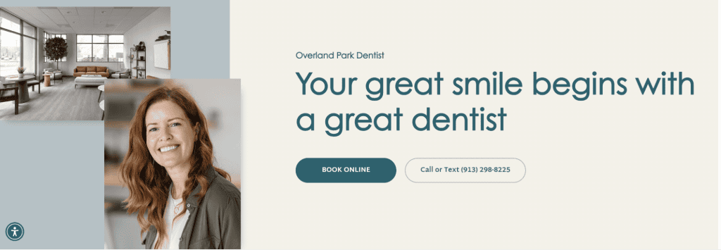 Dental office website banner featuring a smiling woman, likely a dentist, with the text "Your great smile begins with a great dentist." Showcasing top-tier dental website design, it includes a "Book Online" button and contact number for appointments. - Clio Websites | Top Canadian Web Design Company