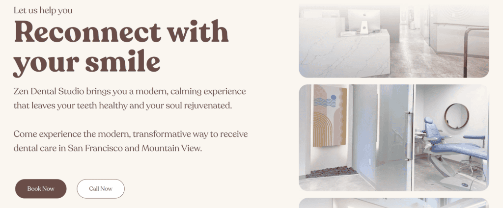 Explore our best-in-class dental website featuring a modern reception area, state-of-the-art dental chair, and serene decor. Text reads: "Let us help you reconnect with your smile" and offers convenient booking options in San Francisco and Mountain View. - Clio Websites | Top Canadian Web Design Company