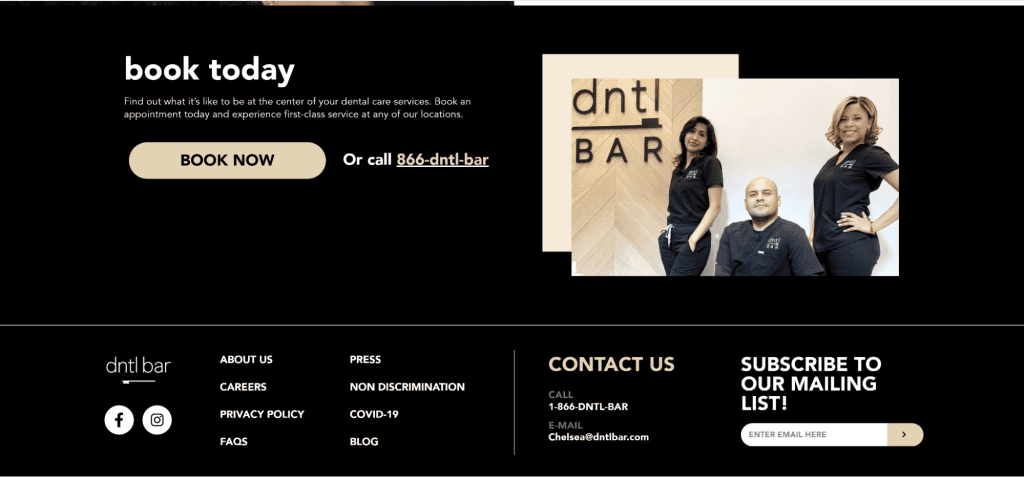 A website screenshot features the "dntl BAR" logo and a prompt to "Book Today" with contact info and button. Below, three professionals in black uniforms pose confidently against a wall. The design includes a footer with helpful links, subscription details, and acts as an excellent guide for dental websites. - Clio Websites | Top Canadian Web Design Company