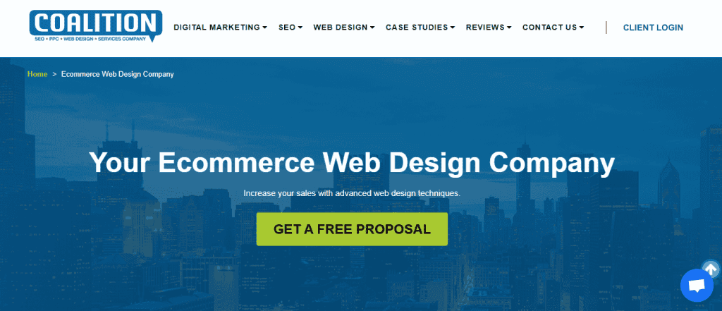 Website homepage for Coalition, one of the best e-commerce web design companies, featuring the headline "Your Ecommerce Web Design Company," a CTA button labeled "GET A FREE PROPOSAL," and a city skyline background. - Clio Websites | Top Canadian Web Design Company