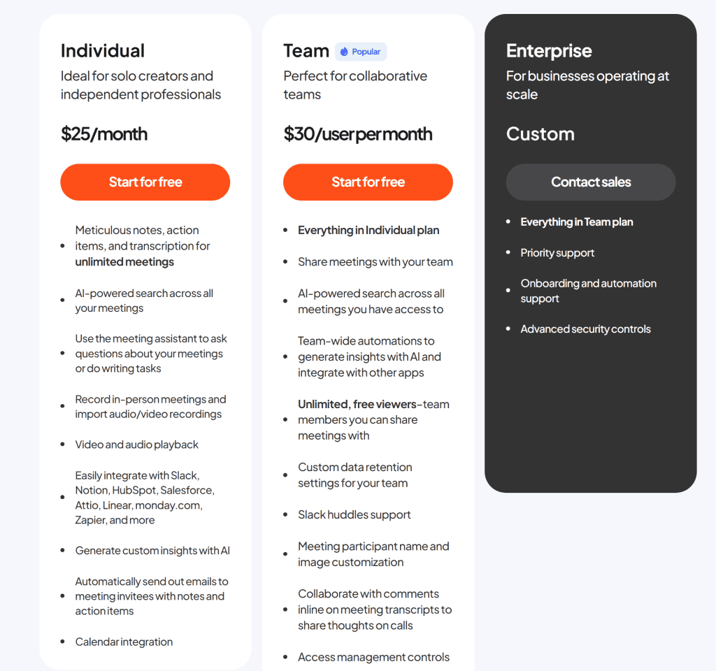 Explore our collaboration platform's pricing plans—Individual (/month), Team (/user/month), and Enterprise (Custom pricing). Each plan offers a range of features like meeting recording, AI tools, integrations, and security options, serving as inspiration for SaaS websites. - Clio Websites | Top Canadian Web Design Company
