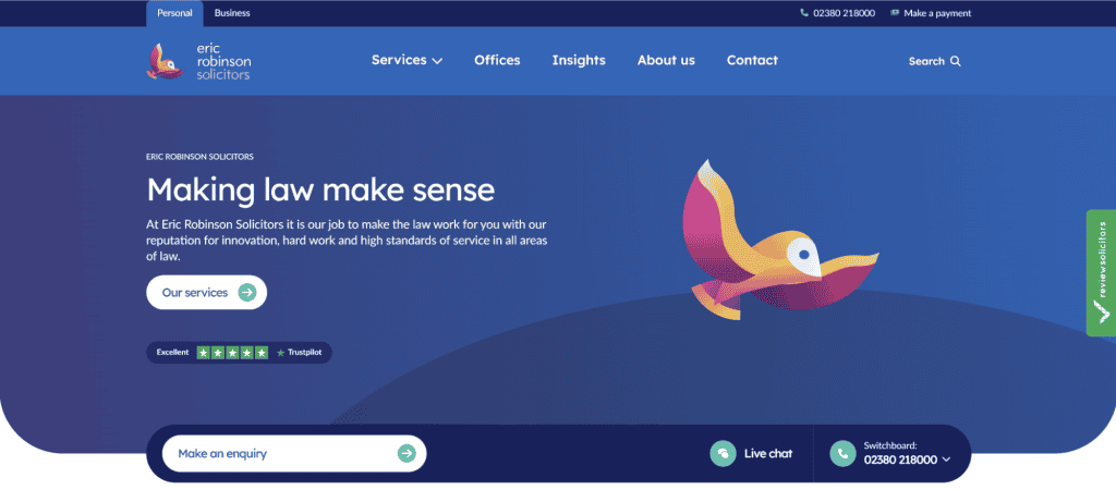 The homepage for Eric Robinson Solicitors exemplifies Law Firm Websites, featuring a blue header with navigation options for services, offices, insights, and contact. Prominently displayed is "Making law make sense" alongside a decorative bird graphic. Clear buttons guide you to services and contact information. - Clio Websites | Top Canadian Web Design Company