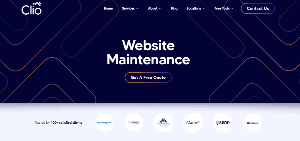 Clio website homepage with a dark background, featuring "Website Maintenance" in large text and a "Get A Free Quote" button—an expert guide for those who want to choose a website designer, followed by logos of trusted clients at the bottom. - Clio Websites | Top Canadian Web Design Company