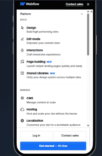 A smartphone screen displays the Webflow platform menu, offering website navigation examples like Design, Interactions, Page building, Shared Libraries, CMS, Hosting, Localization, and easy access buttons for Log in, Contact sales, and Get started. - Clio Websites | Top Canadian Web Design Company