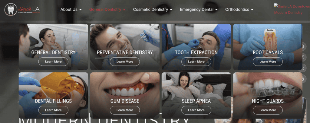 Explore our expertly designed website showcasing a range of dental services, from general and preventative care to root canals and sleep apnea treatment. Each service features a "Learn More" button, making it one of the best dental websites for easy navigation and detailed information. - Clio Websites | Top Canadian Web Design Company
