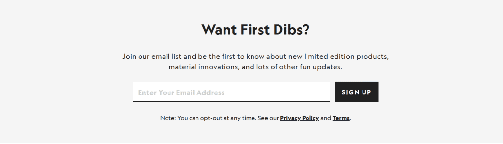A website sign-up form with the heading "Want First Dibs?", a field to enter an email address, a "Sign Up" button, and notes about privacy policy, terms, opting out—perfectly integrated into streamlined website design and navigation. - Clio Websites | Top Canadian Web Design Company