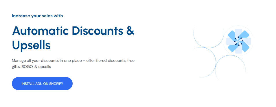 Check out our promotional graphic for “Automatic Discounts & Upsells”—an inspiring Shopify app. Discover the advantages of tiered discounts, free gifts, BOGO offers, and upsells. Click the "Install ADU on Shopify" button and let our SaaS website be your guide. - Clio Websites | Top Canadian Web Design Company