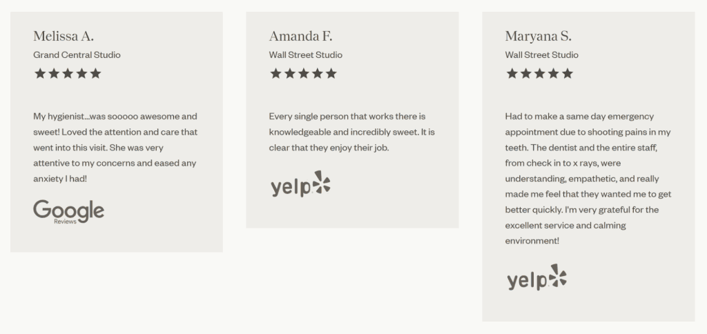 Three customer testimonial cards with reviews and star ratings. From left to right: Melissa A. praises Grand Central Studio on Google for its Dental Website Design; Amanda F. and Maryana S. commend Wall Street Studio on Yelp. Each review highlights the positive experiences at these studios. - Clio Websites | Top Canadian Web Design Company
