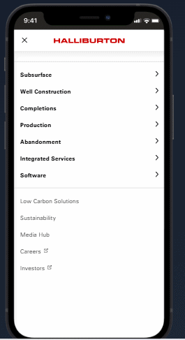 A smartphone displays the Halliburton website navigation, showcasing sections like Subsurface, Well Construction, Completions, Production, Abandonment, Integrated Services, Software, and links for Sustainability, Careers, and Investors. - Clio Websites | Top Canadian Web Design Company