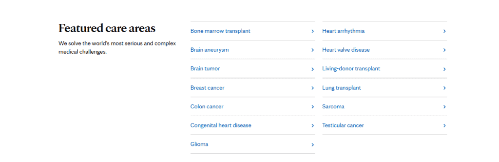 Explore our featured care areas for medical treatment with an intuitive website navigation design—find information on bone marrow transplant, brain tumor, breast cancer, congenital heart disease, and more at your fingertips. - Clio Websites | Top Canadian Web Design Company