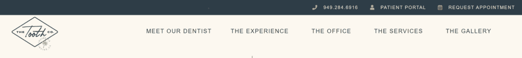 A best-in-class Dental Website header showcases a diamond-shaped logo reading "The Tusk Co" on the left. It features navigation links like "Meet Our Dentist," "The Experience," "The Office," and more, with contact info conveniently placed at the top right for easy access. - Clio Websites | Top Canadian Web Design Company