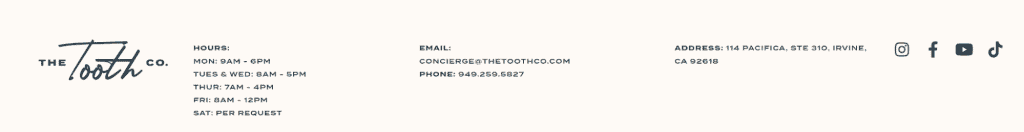 This business card for The Tooth Co. showcases a sleek dental design. It includes Monday to Saturday hours, email at concierge@thetooth-co.com, phone 949-326-5327, and address 1 Pacifica, Ste 290, Irvine, CA 92618. Icons highlight the best dental websites for further connection on social media. - Clio Websites | Top Canadian Web Design Company
