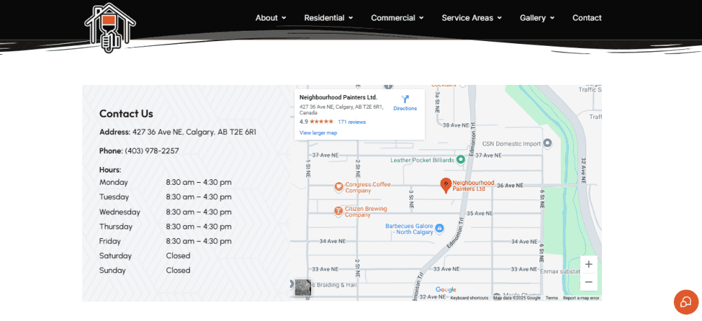 A contact page for Neighbourhood Painters Ltd. features clear navigation design, showcasing their address, phone number, business hours, and a map highlighting their Calgary location and nearby businesses. - Clio Websites | Top Canadian Web Design Company