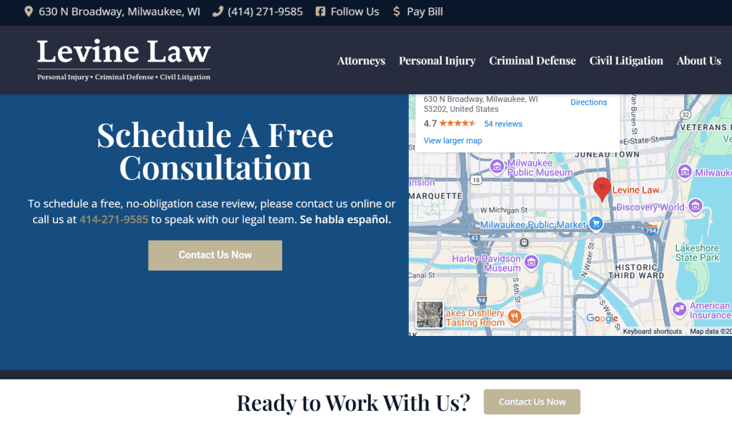 Screenshot of Levine Law’s website showcasing intuitive website navigation, contact info, a blue banner for a free consultation, a map of their Milwaukee location, and buttons to schedule a consultation or contact the firm. - Clio Websites | Top Canadian Web Design Company